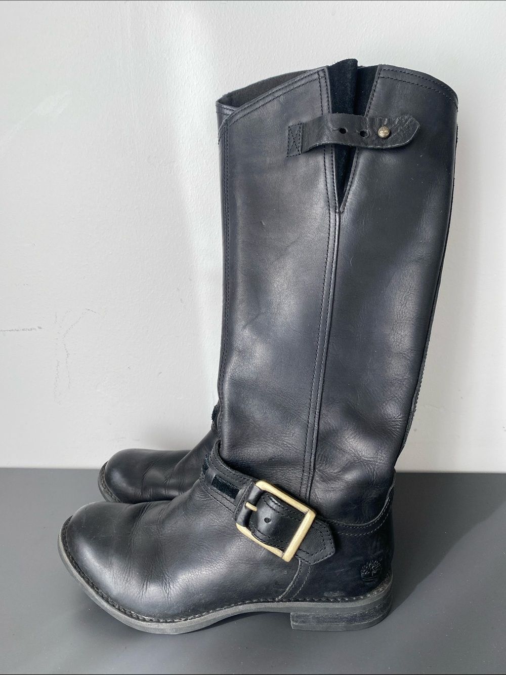Timberland Black Leather Mid-Calf Buckle Riding Boots Sz 7 Military Preppy Chic